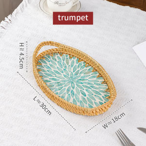 ถาดเปลือกหอยมีหูวงรี จากประเทศเวียดนาม ถาดใส่ขนม ถาดเปลือกหอยขอบหวาย ถาดใส่ของ ถาดใส่ผลไม้  ถาดลายใบไม้สีฟ้า