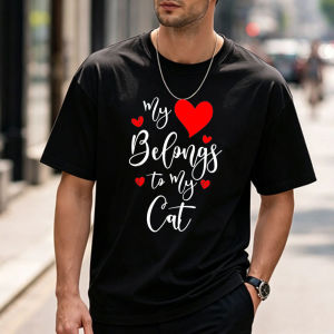 [Local Stock] HBESTY  My Heart Belongs To My Cat Valentines Day Tee for Cat Lover T-Shirt Breathable Funny Outdoors High Quality Cotton Short-sleev