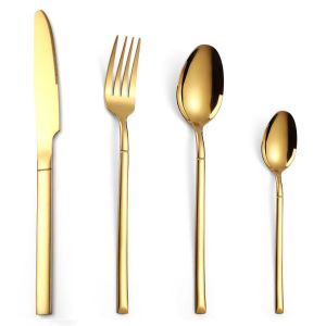 4PCS Metal Flatware Stainless Steel Steak Knife Fork Dinner Tea Spoon SetGold Plated Cutlery Set