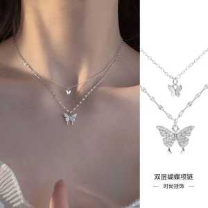 Rantai Leher 双层蝴蝶项链 Double Butterfly Necklace 女轻奢小众高级感锁骨链 满钻温柔仙气颈链 Elegant Clavicle Necklace Jewelry