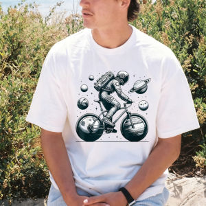 [Local Stock] VCC Vintage Sketch Astronaut Planet Wheel Bicycle Graphic Summer Pure Cotton Men Tee Casual Fashion Crew Neck Short Sleeve TEE
