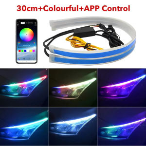 2Pcs RGB APP Control Daytime Running Light DRL Universal Flexible Flowing Multi Color LED Strip Turn Signal Lights For Headlight