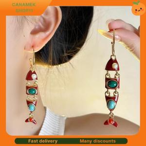 ❣️❣️❣️ Ethnic Red Enamel Fish Tassel C Shaped Long Hoop Earrings For Women Alloy Casual Party Jewelry Gift