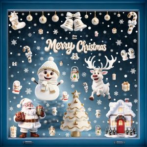 LLCY Blue White Merry Christmas Window Stickers Cartoon Santa Claus Electrostatic Xmas Decorative Sticker Kawaii Photo Props Window Decals Christmas Decor