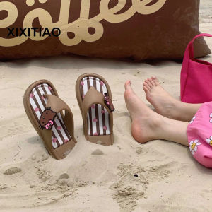 XIXITIAO Flip Flops Sweet Black Leather Cat Seaside Flip Flops Female Summer Cute ins Flat Bottom Flip-Flops Slippers