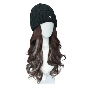 YOUTH HOME One-piece Beanies Hat with Hair Wigs Highlights Hairpiece Long Water Wavy Hair Hair Extensions Fluffy Ski Knitted Cap Wig Women