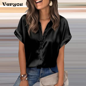 Summer Satin Shirt Women Casual Turn Down Collar Short Sleeve Button Up Shirts Ladies Office Loose Silk Shirt Blouse For Women2026