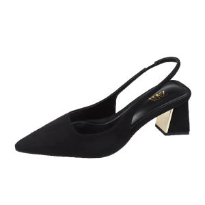 Korean black slingback shoes suede hollow pointed middle heel shoes for women