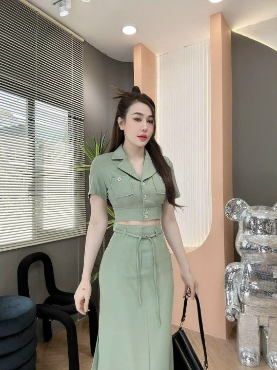 Set váy lennin công sở áo croptop đính nơ và nút kèm chân váy đuôi cá cùng  tone hồng cute đi dự tiệc, làm văn phòng | Shopee Việt Nam