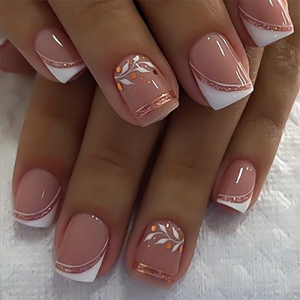 24 Pcs French Tip Stick On Nail Glittering False Nail Short Square Press On Nail Leaf Artificial Acrylic Nail