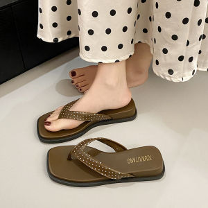 [Free Shipping] WomenS High-End Stylish And Comfortable Flip-Flops With A Wedge Heel And Square Toe Perfect For Summer Indoor Wear Durable And Versatile For Height Enhancement