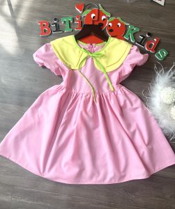 Váy trẻ em đầm bé gái phối ren BITIKIDS họa tiết hoa nhí xanh kate cotton size 0-8 tuổi.