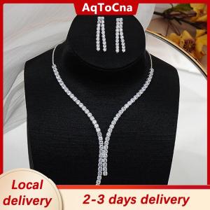 [COD] AqToCna Ship within 24 hours 2Pcs Simple Geometric Zircon Necklace Earrings Kit For Women Wedding Bride Jewelry Set Accessories Gift