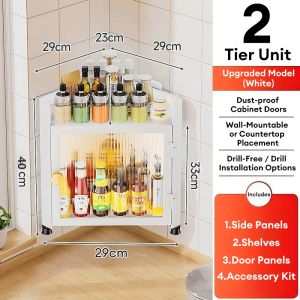 BMZAR 4 Tier Kitchen Corner Spice Cabinet with Door Iron Frame Dustproof Seasoning Rack Countertop Wall Mounted Organizer for Jars Oils Sauces