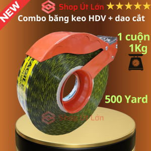 Combo Băng keo hàng dễ vỡ 500yard kèm dao cắt băng keo nặng 1kg rộng 47cm lõi giấy 5mm