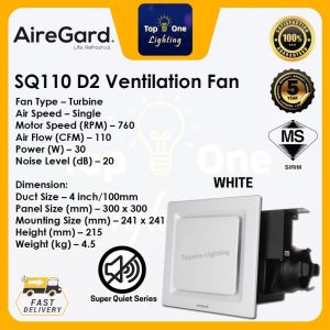 Airegard SQ110-D2 - 4" Exhaust Fan Ventilator[Super Quiet Series]Square Panel Cover/Air Ventilation Exhaust Fan/Bathroom