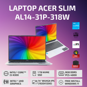 Laptop Acer Aspire Lite AL14-31P-318W with Intel i3 N300 | Ram 8GB DDR5 | 14" WUXGA IPS Display | Free install Windows 11+office | SSD 1 TB | Warna Silver | Bergaransi 1 Tahun
