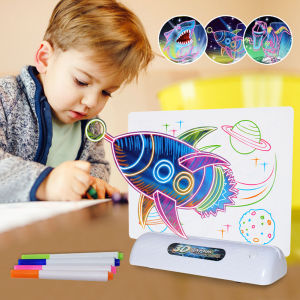 3d Neon LED Drawing Pad Doodle Board Fun Fluorescence Toys Glow In Dark With Light Through Surface and Stand 4 Fluorescent Markers Early Learning Educational Toys for Kid