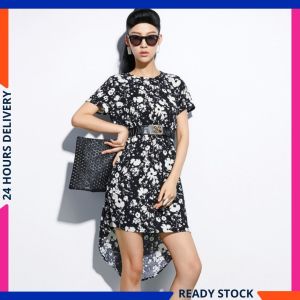 CFBOUTIQUE Korean Style Women Fashion Floral Printed High Low Fishtail Ladies Summer Dress