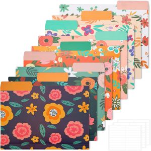 EOOUT 9pcs Decorative File Folders Letter Size 1/3-Cut Tabs Plastic File Folders for Documents with Colorful Floral Patterns and Erasable Category Labels for Notes Office and School Supplies