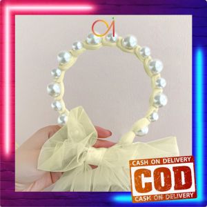 AI-C935 Bando Mutiara Tali Kepang Ribbon Pearl / Bando Anak Perempuan / Bando Tali Kepang Import / Bandana Mutiara Pita Tulle Panjang Bisa diikat Wanita Korea / Bando Mutiara Tali Kepang Ribbon Pearl