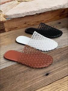 [Free Shipping] Plus-Size Hollow-Out Woven Closed-Toe Sandals For Women Fishnet Flat Mule Slippers For Outdoor Wear