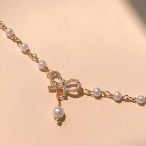 Gelang Bangle Tipis Hias Kristal & Aksen Pita Mutiara