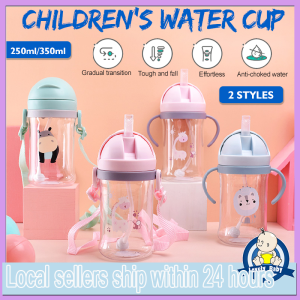 Baby Straw Water Cup 350/250ML Drinking Bottle with Flip Cover Cartoon Gravity Ball Leakproof Feeding Nursing Sippy Cup with Handle MY223