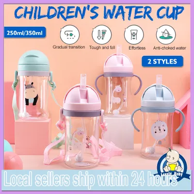 Baby Straw Water Cup 350/250ML Drinking Bottle with Flip Cover Cartoon Gravity Ball Leakproof Feeding Nursing Sippy Cup with Handle MY223