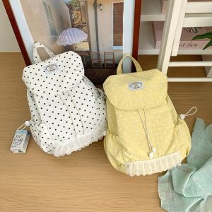 LIVELYN Large Capacity Polka Dot Backpack Korean Style Lace Trimmed Drawstring Backpack Sweet Drawstring Closure School Daypack for Girls