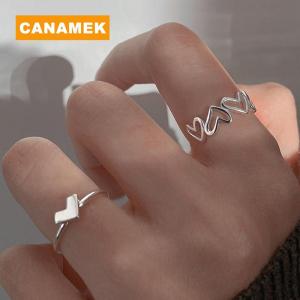 【CANAMEK】 2PCS Fashion Hollow Out Love Heart Ring Personality Geometric Rings Opening Ring Niche Index Finger Ring Fashion Jewelry Gift Rings