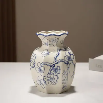 Povasa New Chinese Style High-Grade Retro Blue and White Porcelain Octagonal Ceramic Vase Guest Dining Room Entrance Simulation Flower Arrangement Decorative Ornament