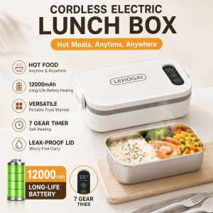 Wireless Rechargeable Electric Lunch Box 12000mAh USB Charging No Water Needed Portable Insulated Food Warmer Container for Office School Car Travel Camping