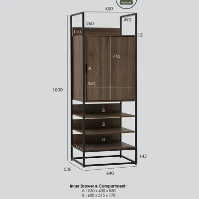 Furniture Direct CASPER PRISM industrial design big garment rack with shelves or drawer