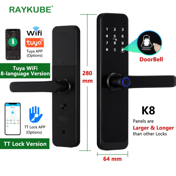 2023 NEW RAYKUBE K8 Tuya Wifi Smart Door Lock TT Lock Fingerprint Lock