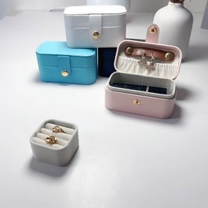 Portable Mini Jewelry Box Small Travel Storage Case for Rings Necklaces Earrings Lipstick with Removable Ring Slot PU Leather