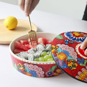 OMK Natalia Red Ceramic 1500ML Serving Bowls With Lid Fruit Salad Bowl