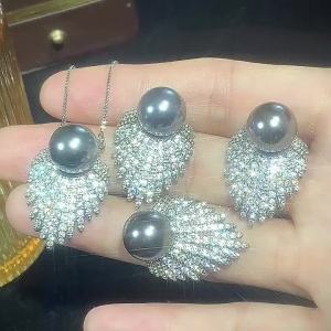 Trang Sức Đế Đồng Mạ Vàng Khảm Ngọc Trai Lông Vũ Fritillaria Bộ Ngọc Trai Xám Thời Trang Hàn Quốc 12mm