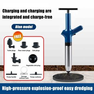 Toilet Pump Plunger Clogged Remover Toilet Bowl Plunger Pump High Pressure Air Drainage Pipe Clogged Remover Sink Drain Cleaner Tools with 4 Replaceable Heads Visual Barometer Stainless Steel for Bath Toilets Shower Bathroom Bathtub Kitchen
