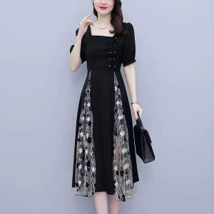 French Style Square Neck Women Short Sleeve Lace Dress Hepburn Temperament Plus Size Korean Style Gauze A-line Dresses defined waist