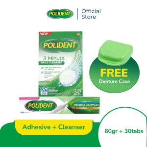 Polident Bundle Perekat Gigi Tiruan Flavor Free 60g + Polident Pembersih Gigi Palsu 30 Tablet Free Container Gigi Palsu