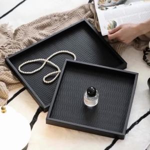 FFBH Leather Woven Pattern Tray Wooden Decorative Storage Trays Modern Luxury Perfume Organizer Tray Rectangular Accessory Trays Q9Z6P