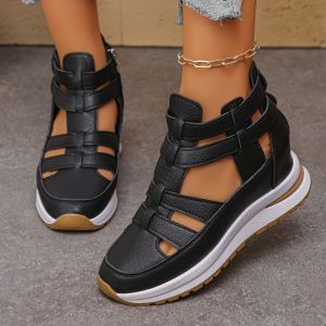 [Free Shipping] New Style Hollow-Out Platform Wedge Sandals For Women Fashionable And Casual With Velcro Straps And A Closed-Toe Roman Design