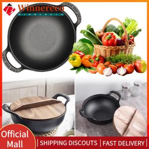 【winnereco】Chinese Wok Pan with Lid & Dual Handle Flat Bottom Stir Fry Pan Non Stick Heavy Dutch Soup Pot for Gas Induction Cooker