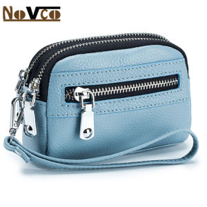Novco Women Mini Coin Purses Original Genuine Leather Card Holder Cosmetic Lipstick Earphone Organizer Bag Double Zip Wallet