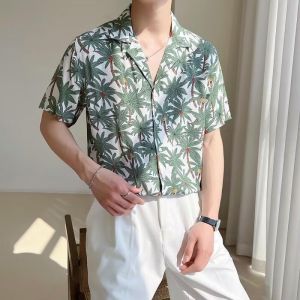 Summer New Short Sleeved Polo Neck Loose Shoulder Drop Shirt Mens Hawaiian Ice Flower Shirt