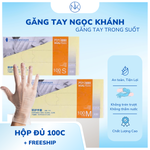 (Hộp đủ 100c) Găng tay trong suốt không bột PVC Vinyl Blend | y tế thực phẩm spa phun xăm hộp 100 Chiếc
