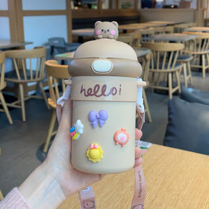 Bình nước cốc ly uống nước dung tích 450ml có ống hút lõi bằng thủy tinh cách nhiệt tặng Sticker siu kute Pama STORE BN24