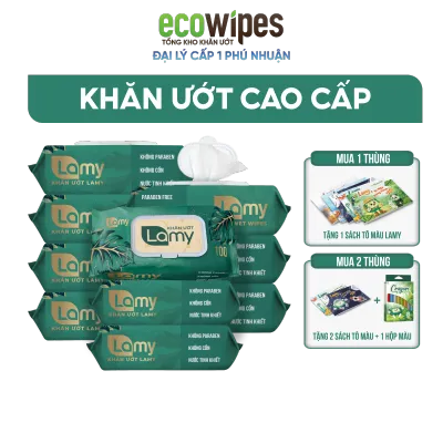 KHO PHÚ NHUẬN_Thùng 10 gói khăn ướt Lamy không cồn không parabens gói 100 tờ cao cấp dành cho em bé
