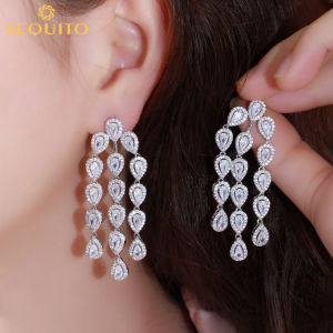 SEQUITO Bông Tai Lủng Lẳng Tua Rua Hình Giọt Nước Hình Quả Lê AAA Khối Lập Phương Zirconia Sang Trọng Cho Trang Sức Tiệc Cưới Cô Dâu Với Chốt Bạc 925 SE399